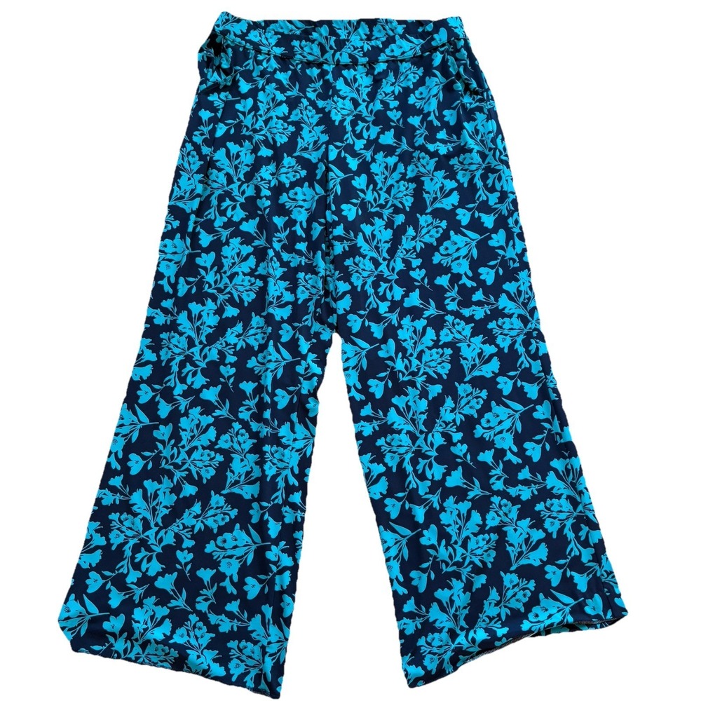 Lane Bryant Plus Sz 18/20 Two-Tone Floral Blue Wide Leg Pull On High Rise‎ Pants